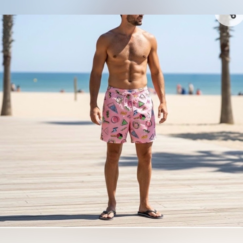 Vibrant Pink Graphic Men's Swim Board Shorts